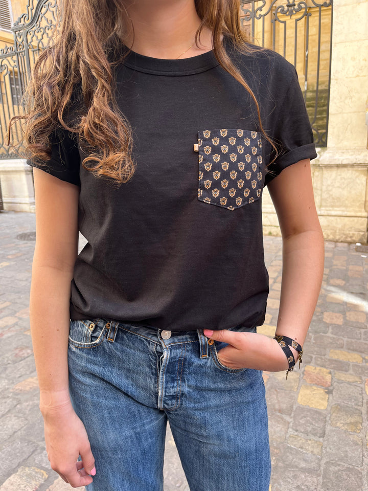 T-shirt mixte noir manches courtes poche noir/marron César