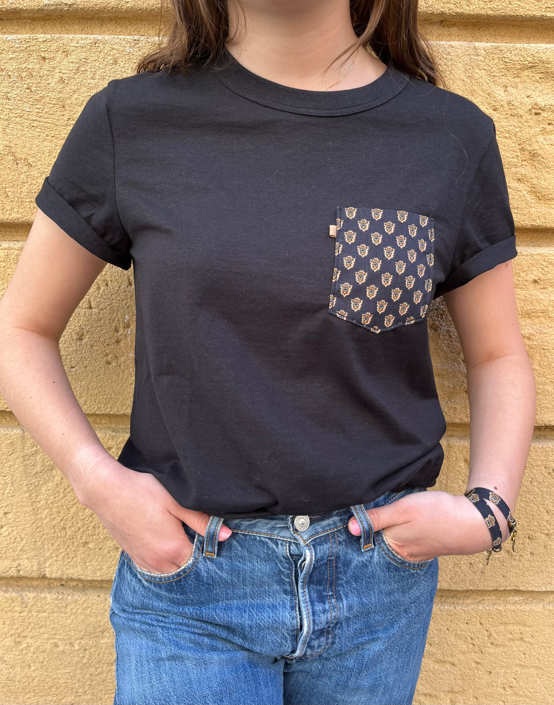 T-shirt mixte noir manches courtes poche noir/marron César