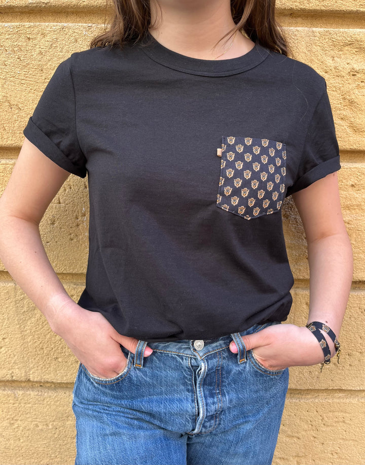 T-shirt mixte noir manches courtes poche noir/marron César