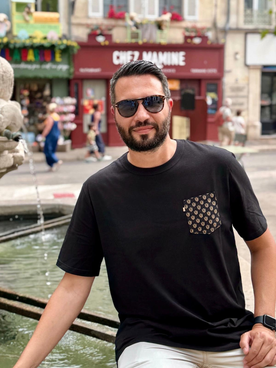 T-shirt mixte noir manches courtes poche noir/marron César