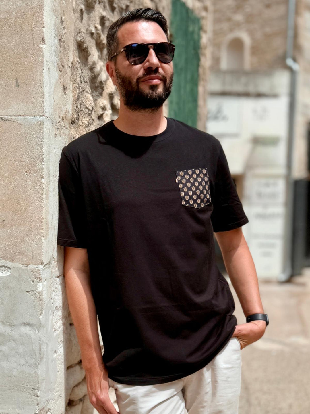 T-shirt mixte noir manches courtes poche noir/marron César