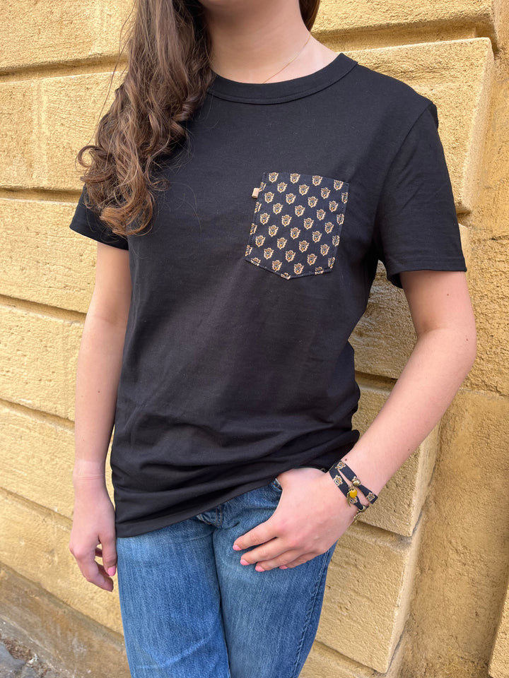 T-shirt mixte noir manches courtes poche noir/marron César