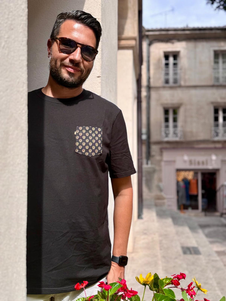 T-shirt mixte noir manches courtes poche noir/marron César