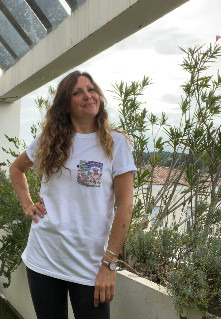 T-shirt blanc poche rose violet Césario