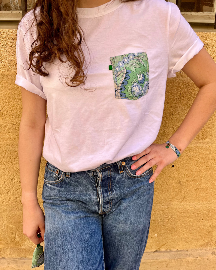 T-shirt mixte blanc manches courtes poche tissu provençal made in Aix-en-Provence