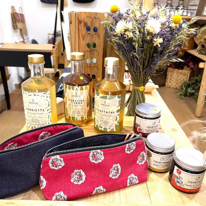 Trousse jean bleu tissu provençal rose Bazarette