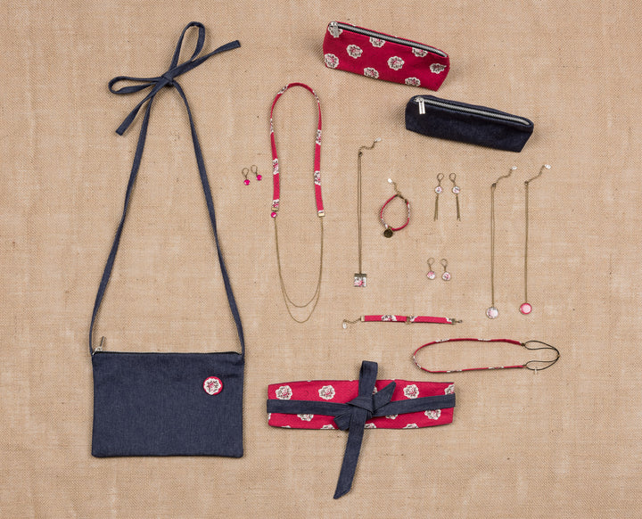 Trousse jean bleu tissu provençal rose Bazarette