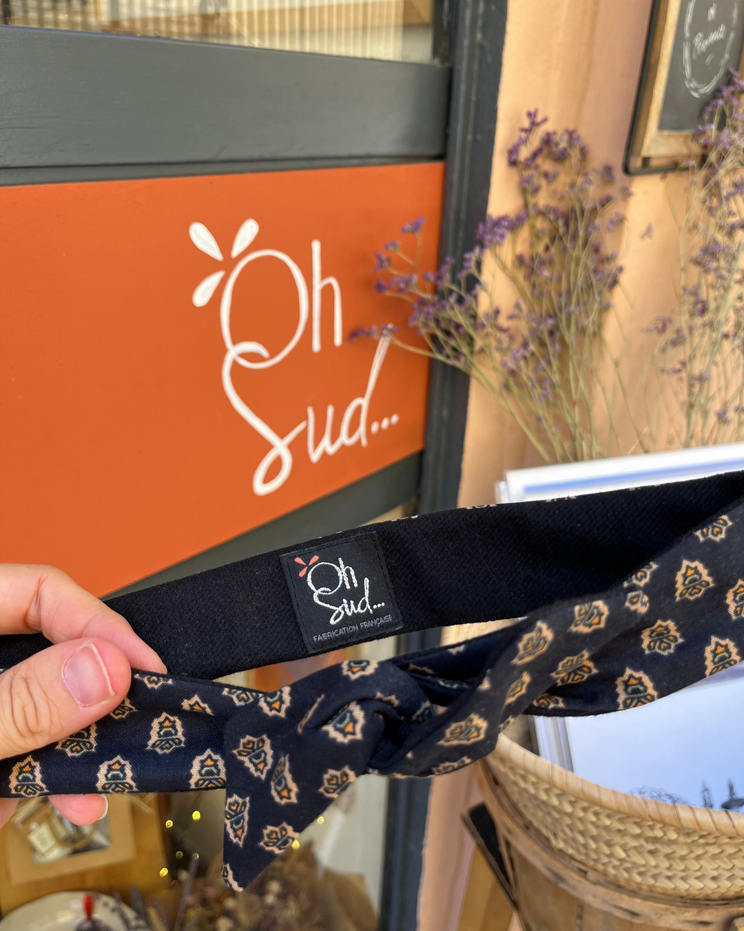 Bandeau cheveux tissu provençal noir et jean noir coton bio