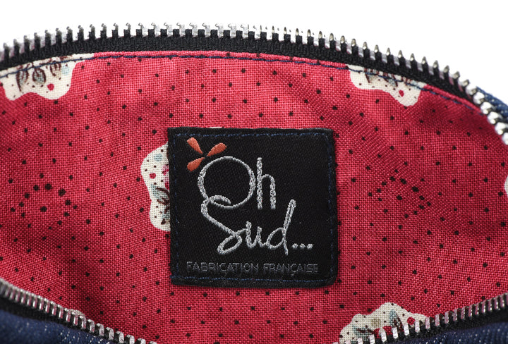 Trousse jean bleu tissu provençal rose Bazarette